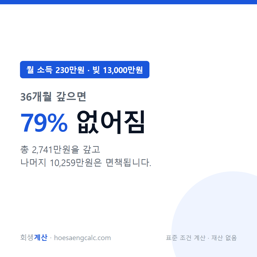 월 소득 230만원 빚 13000만원 개인회생 탕감률 — 표준 조건 계산