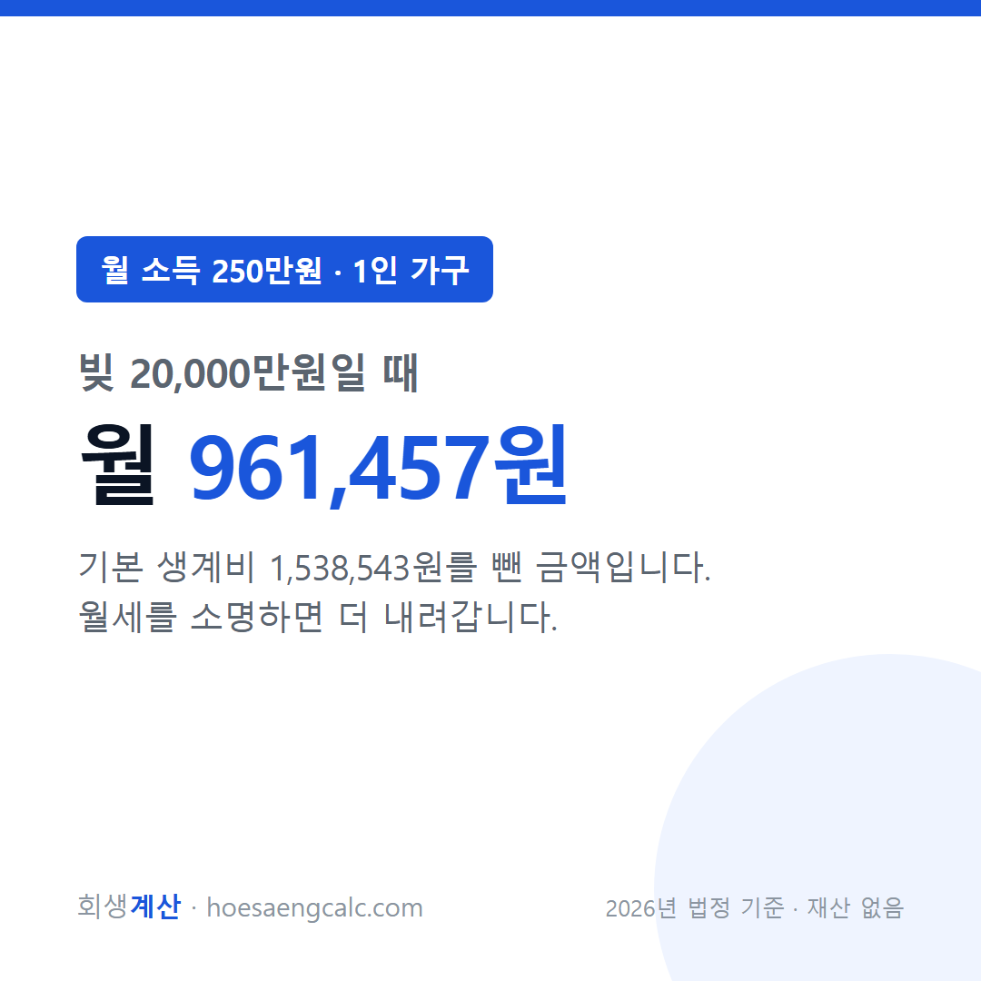 월 소득 250만원 빚 20000만원 개인회생 월 변제금 — 1인 가구 기준