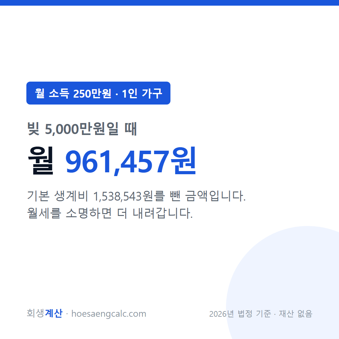 월 소득 250만원 빚 5000만원 개인회생 월 변제금 — 1인 가구 기준