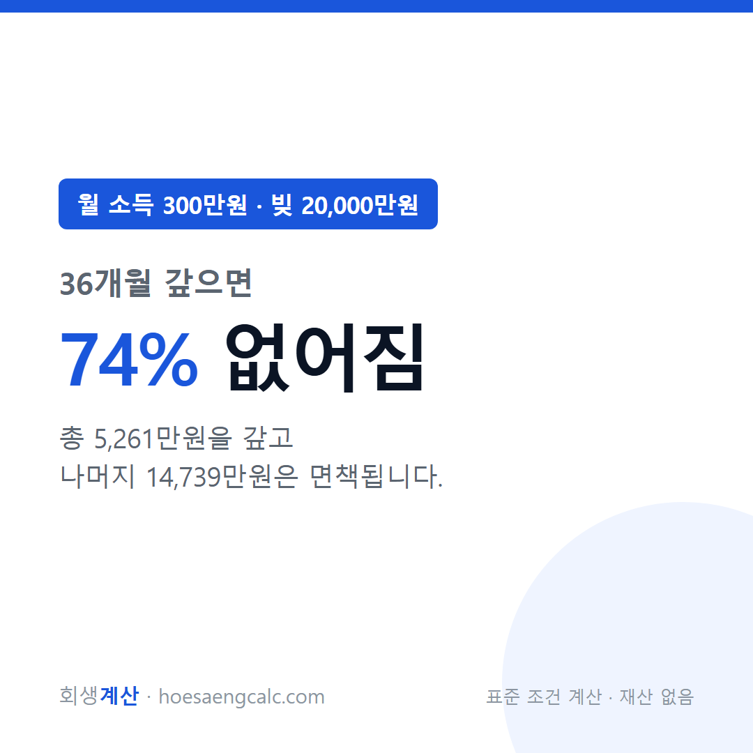 월 소득 300만원 빚 20000만원 개인회생 탕감률 — 표준 조건 계산