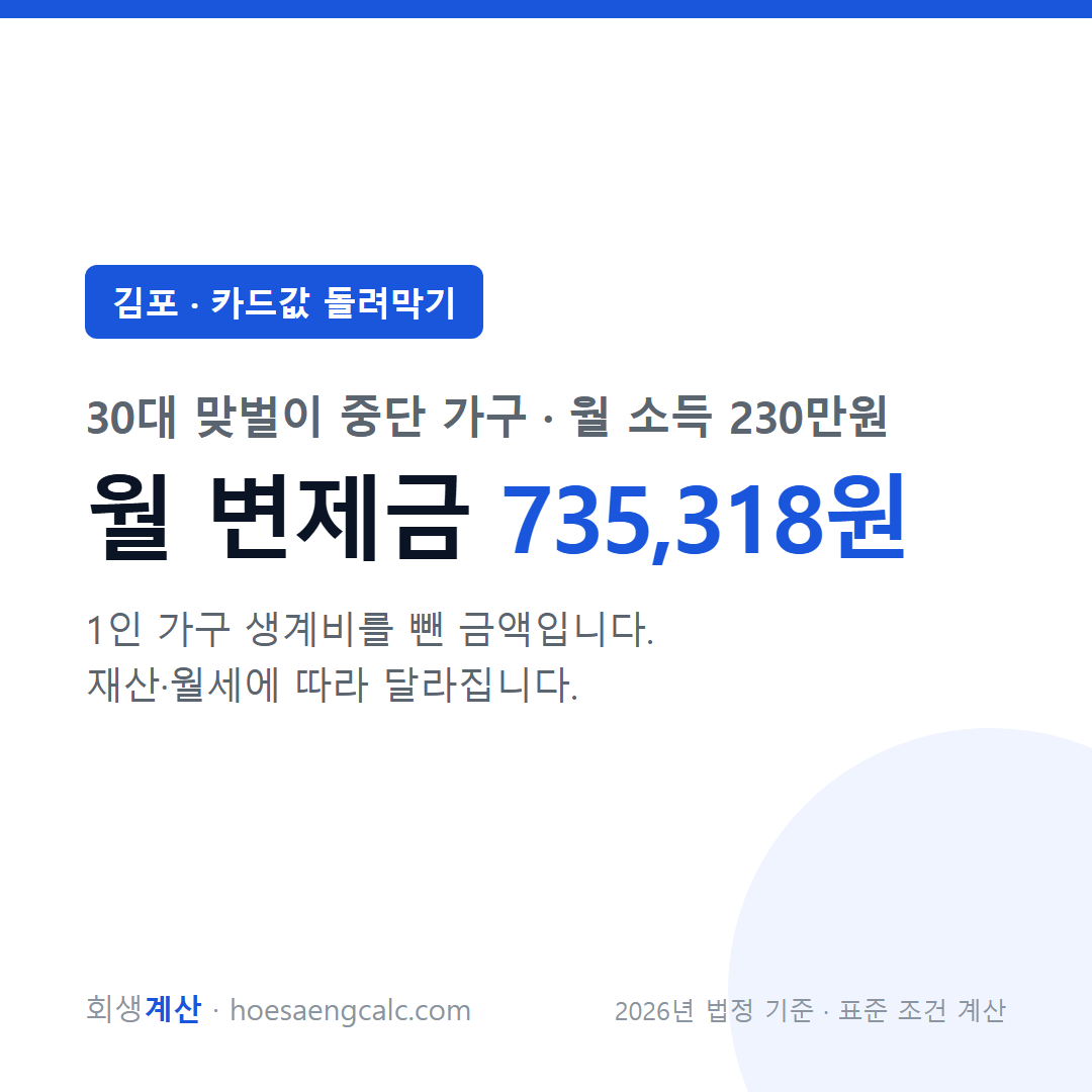 김포 카드값 돌려막기 사례 월 변제금 — 30대 맞벌이 중단 가구 월 소득 230만원 기준