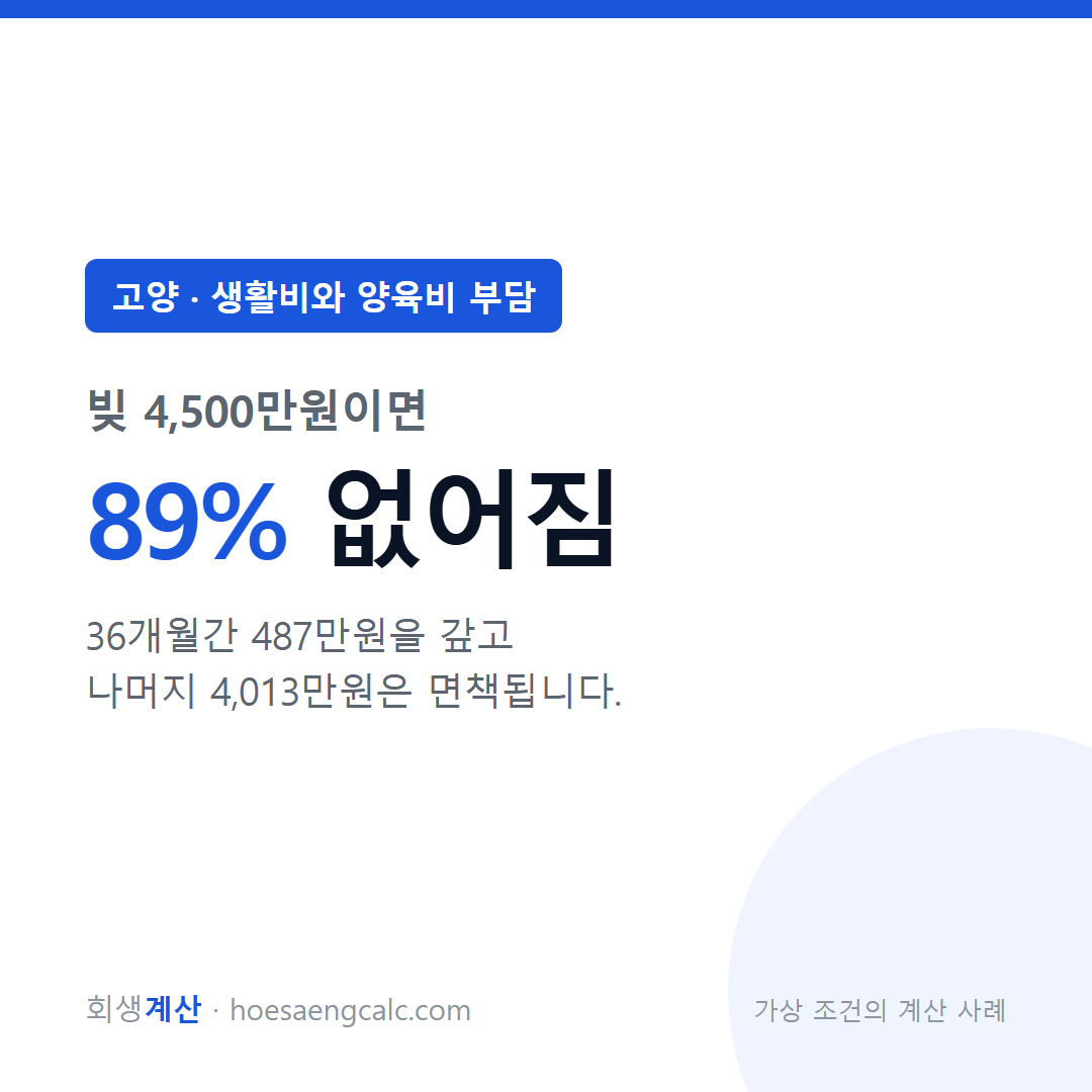 고양 생활비와 양육비 부담 사례 탕감률 89% — 채무 4,500만원 기준 계산
