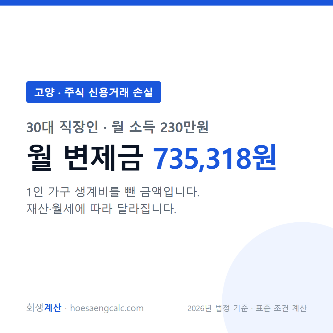고양 주식 신용거래 손실 사례 월 변제금 — 30대 직장인 월 소득 230만원 기준
