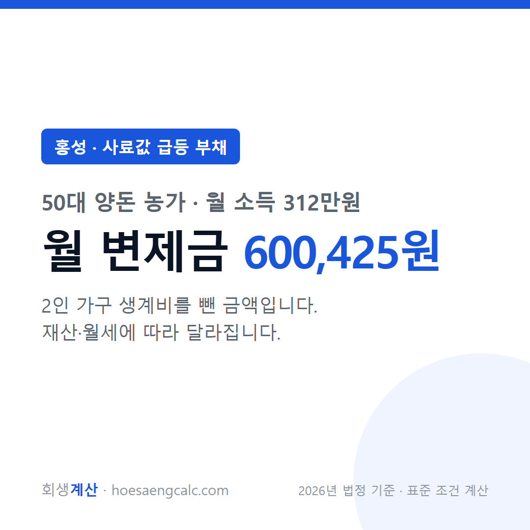홍성 사료값 급등 부채 사례 월 변제금 — 50대 양돈 농가 월 소득 312만원 기준
