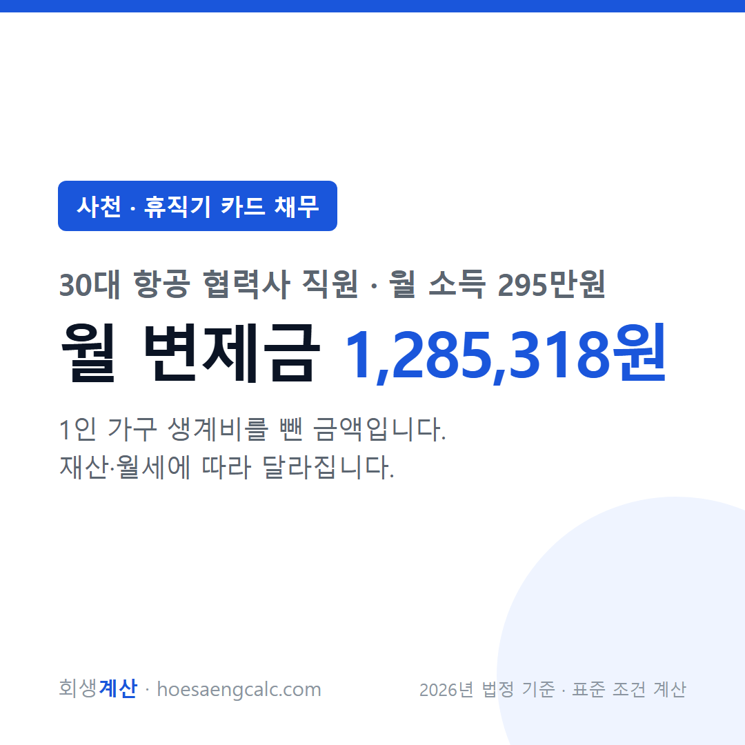 사천 휴직기 카드 채무 사례 월 변제금 — 30대 항공 협력사 직원 월 소득 295만원 기준