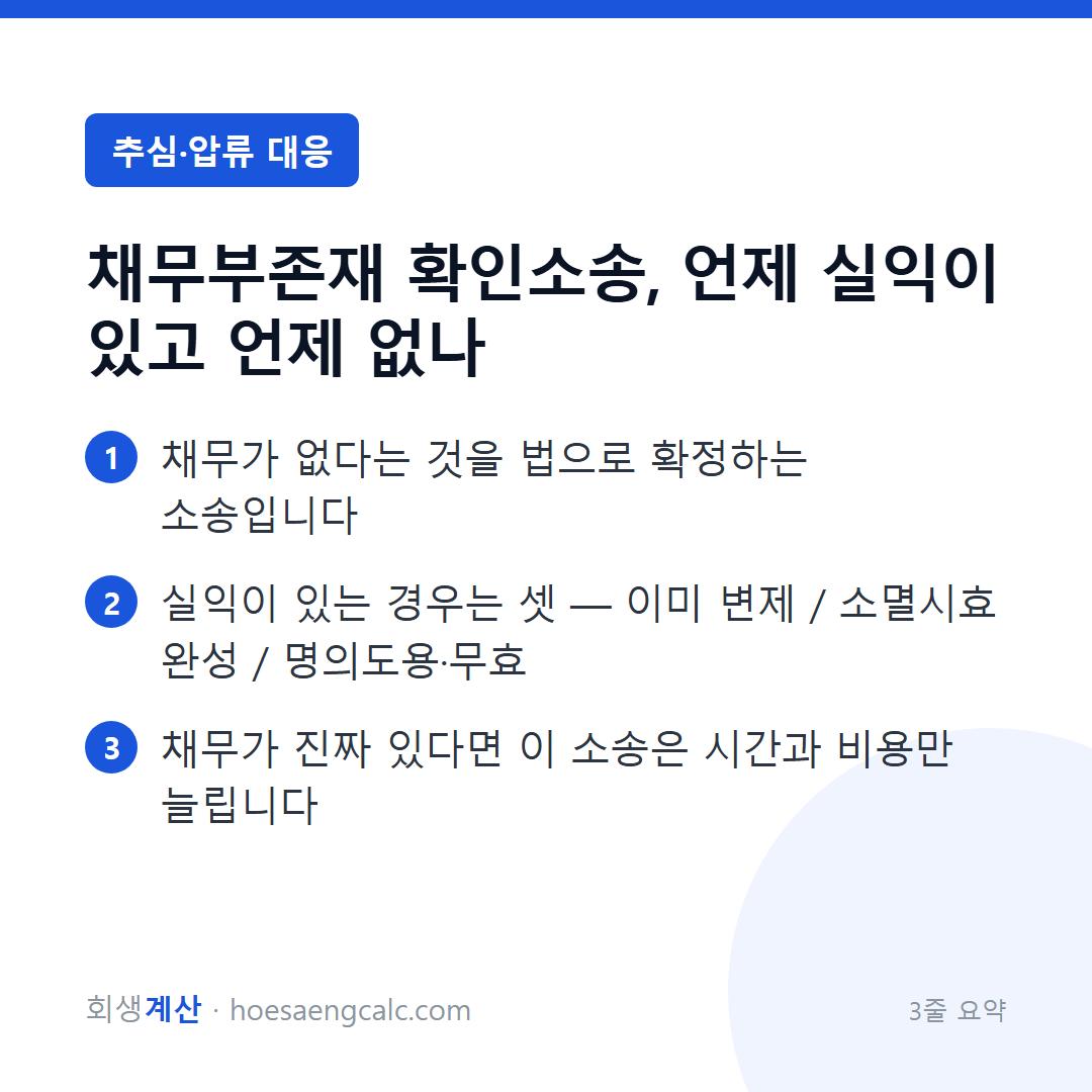 채무부존재 확인소송, 언제 실익이 있고 언제 없나 — 3줄 요약