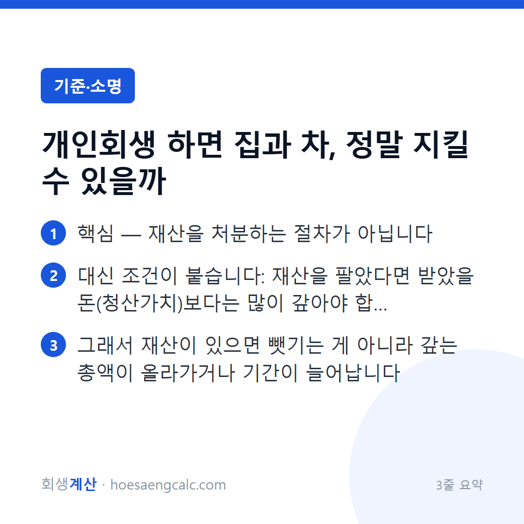 개인회생하면 집과 차를 뺏기나요 — 아닙니다, 다만 조건이 있습니다 — 3줄 요약