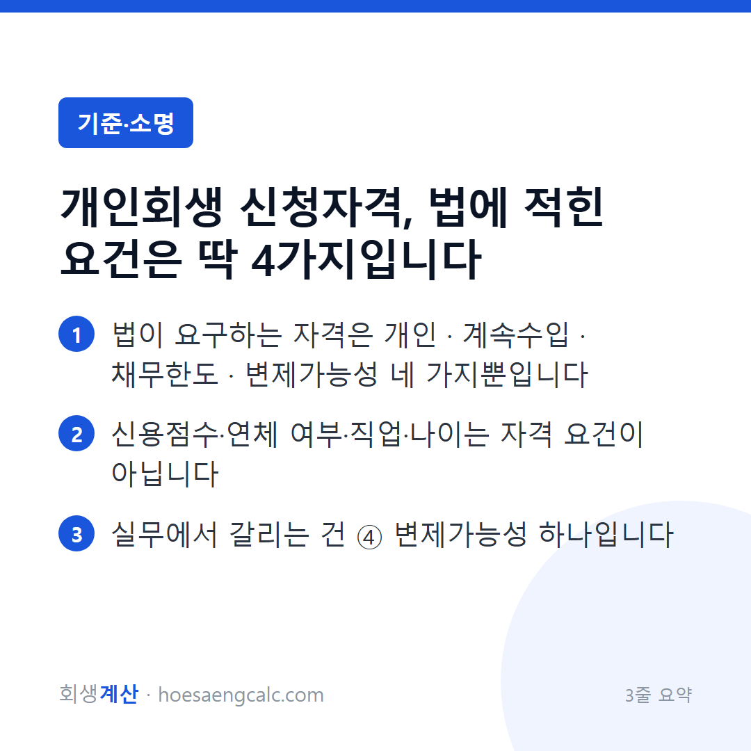 개인회생 신청자격, 법에 적힌 요건은 딱 4가지입니다 — 3줄 요약