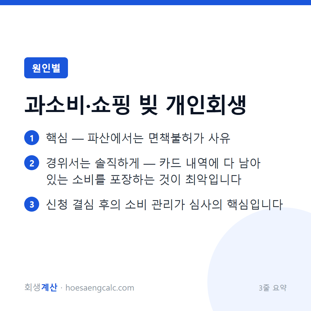 과소비·유흥 빚 개인회생 — 부끄러운 원인이어도 됩니다, 구조가 다르니까 — 3줄 요약