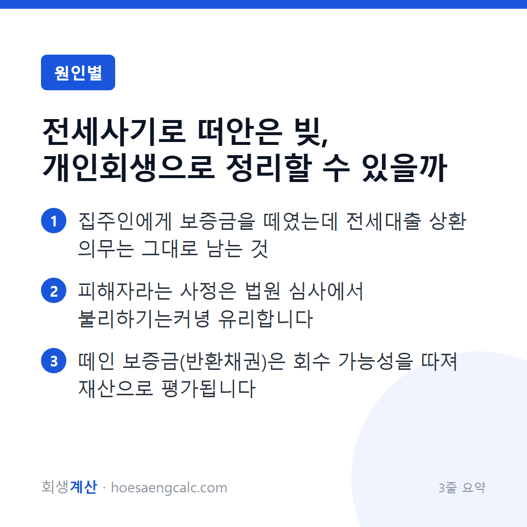 전세사기로 떠안은 빚, 개인회생으로 정리할 수 있을까 — 3줄 요약