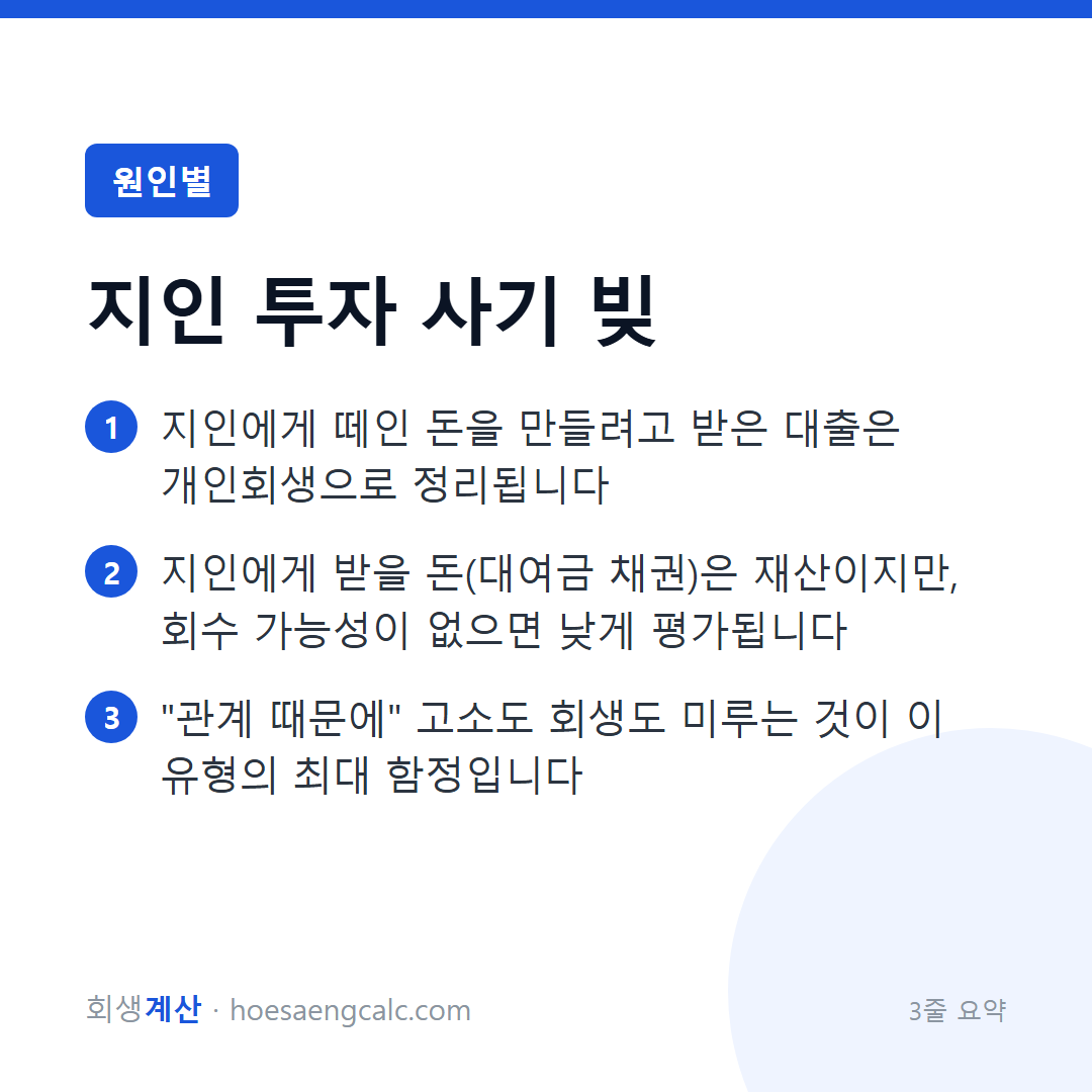 지인 사기 피해 개인회생 — 관계 때문에 늦어질수록 빚만 큽니다 — 3줄 요약