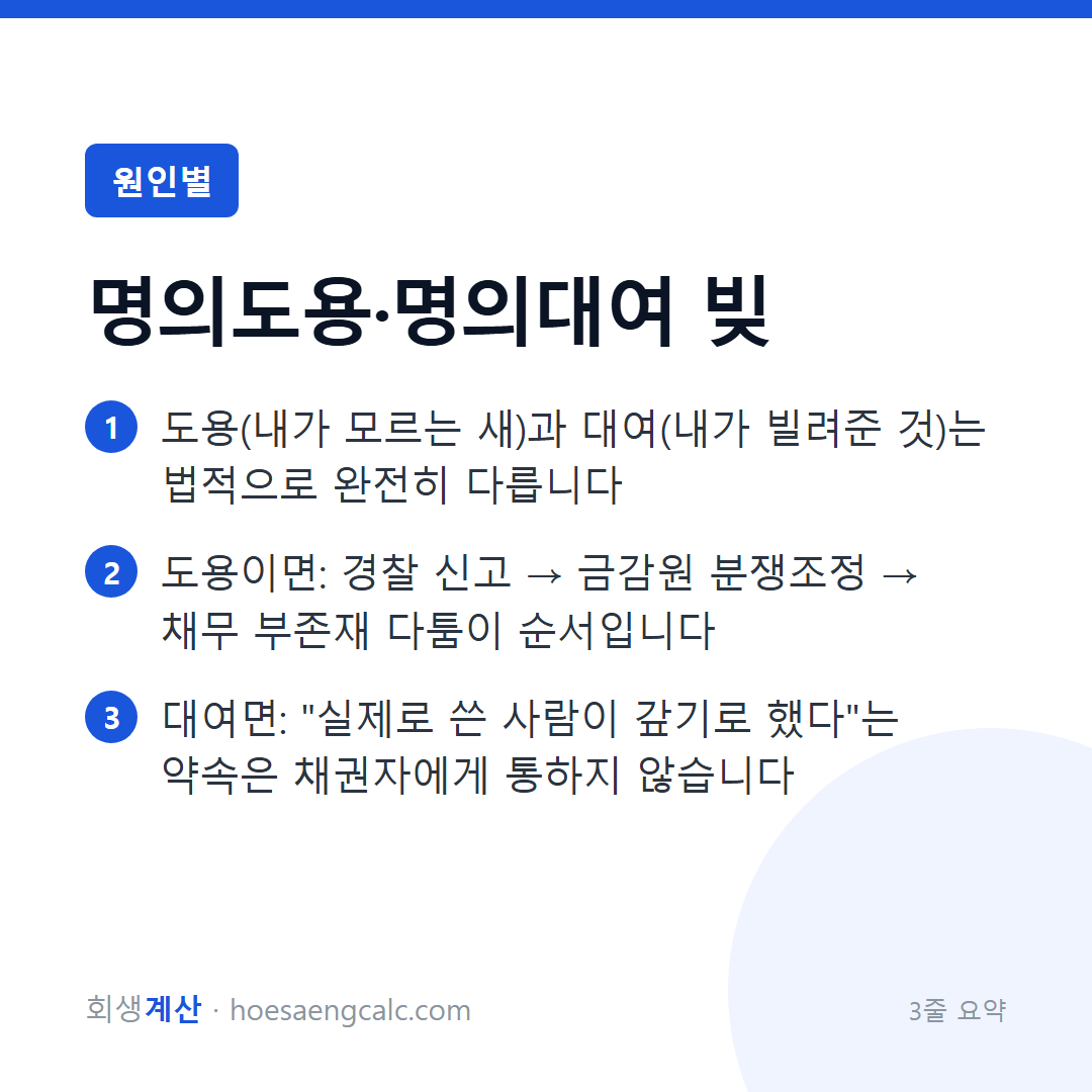 명의도용·명의대여 채무 — 내가 안 쓴 빚과 빌려준 이름의 빚은 다릅니다 — 3줄 요약