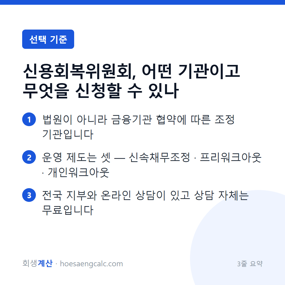 신용회복위원회, 어떤 기관이고 무엇을 신청할 수 있나 — 3줄 요약