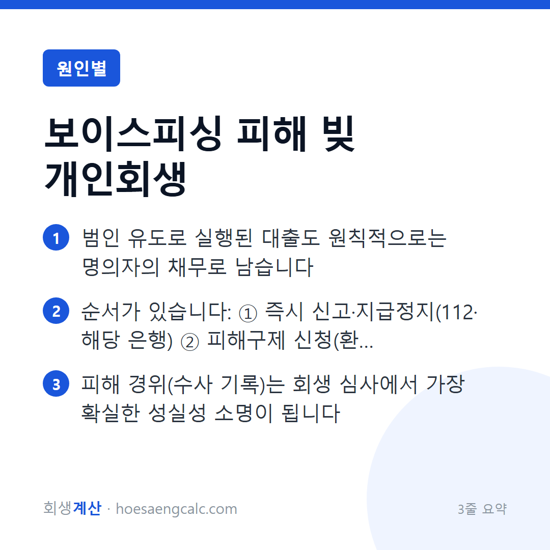 보이스피싱 피해 개인회생 — 내 명의 대출, 피해자여도 일단 채무입니다 — 3줄 요약
