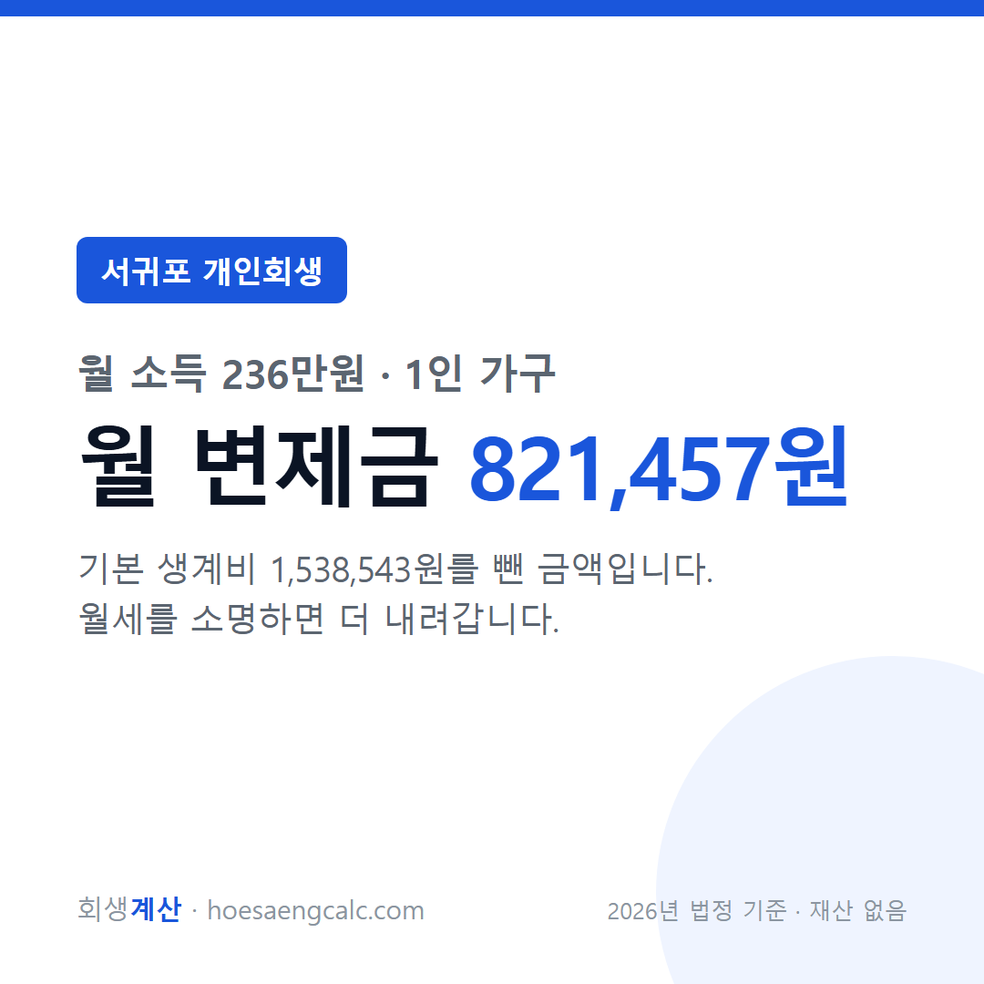 서귀포 개인회생 월 변제금 — 월 소득 236만원 1인 가구 기준